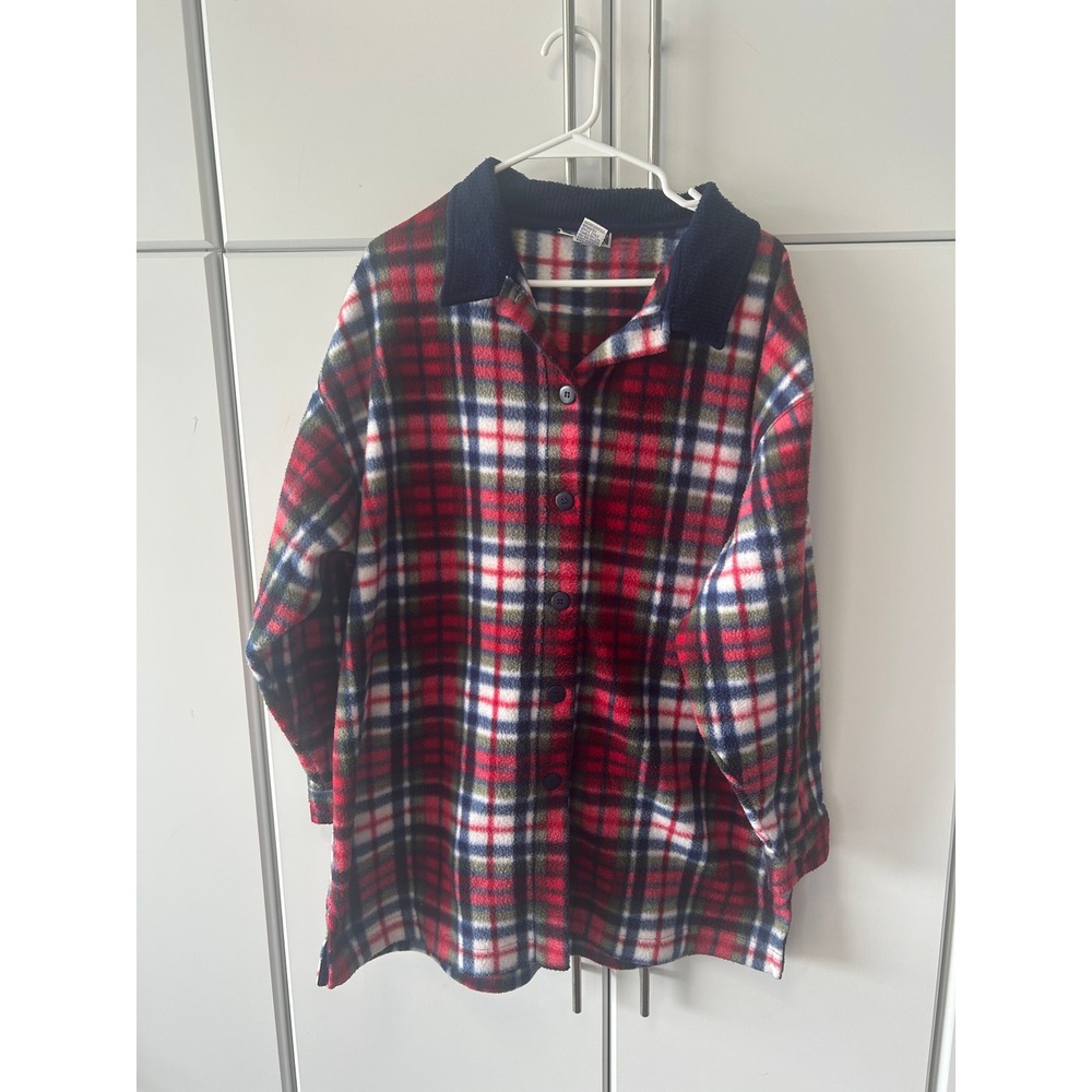 North Crest‎ Red Plaid Fleece Button Up Shirt Navy Ribbed Collar Large 14-16